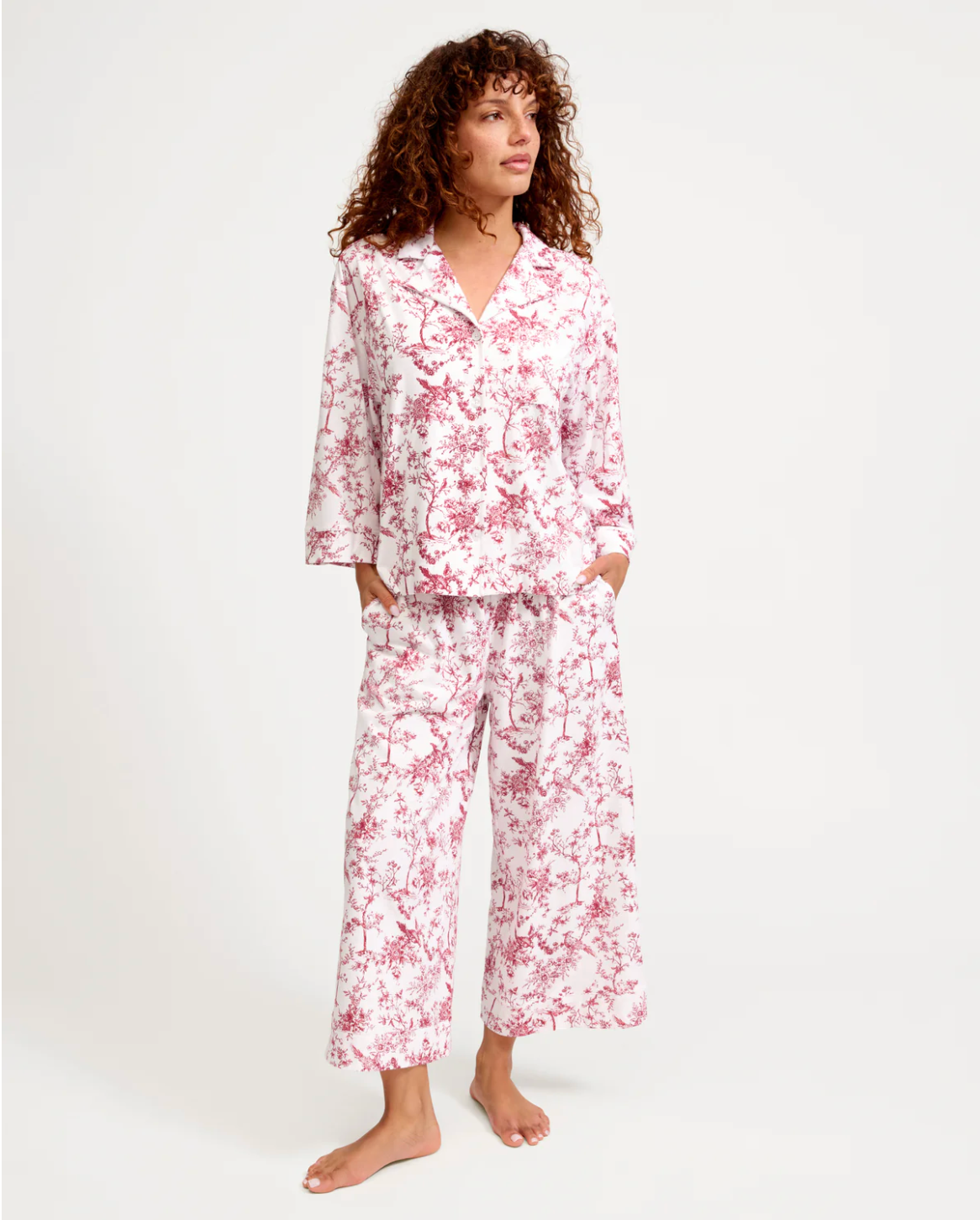The Olivia Wide Leg Pima Pajama Set in Red Timeless Toile