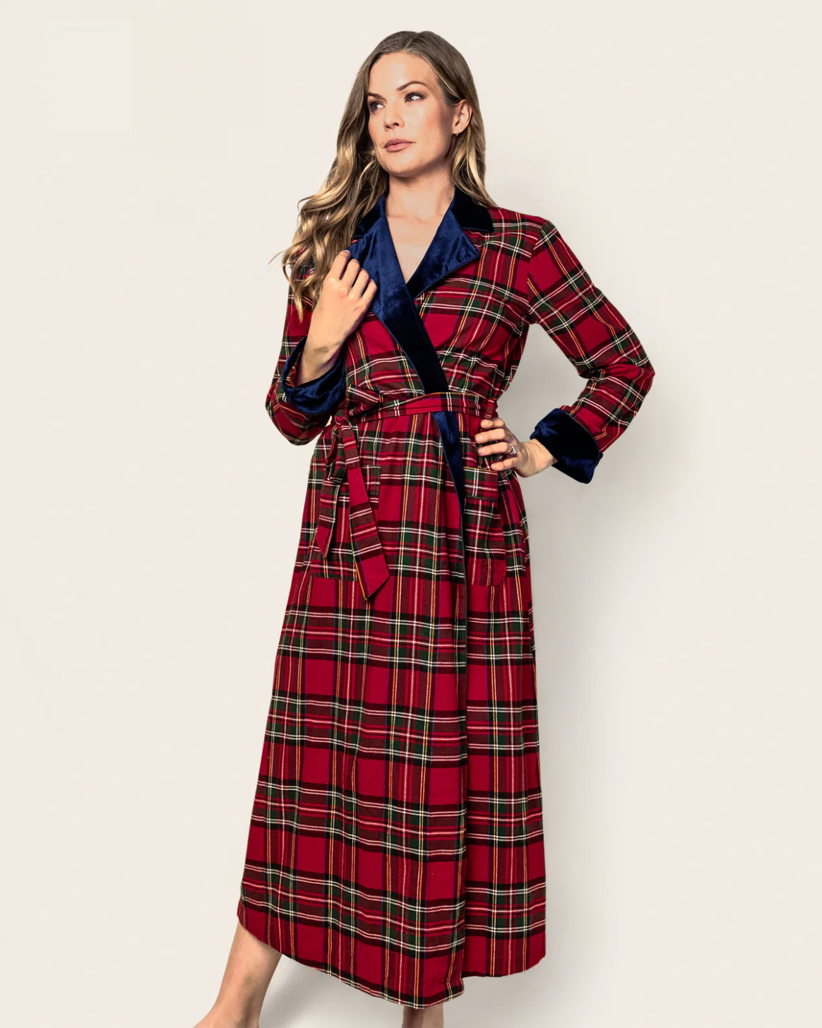 Women's Long Robe with Velvet Trim in Imperial Tartan