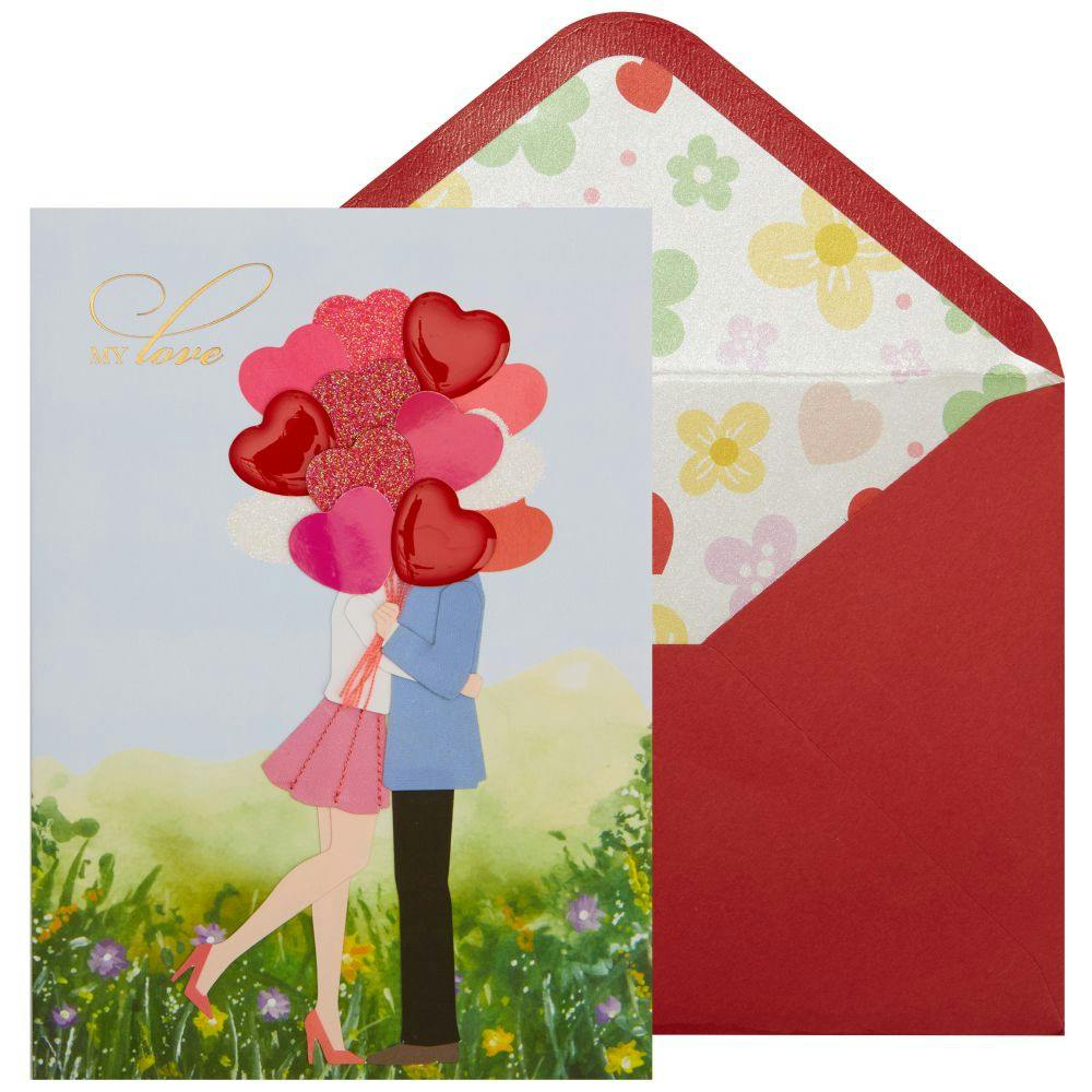 Couple Behind Balloons Valentine&#39;s Day Card Main Product Image width=&quot;1000&quot; height=&quot;1000&quot;