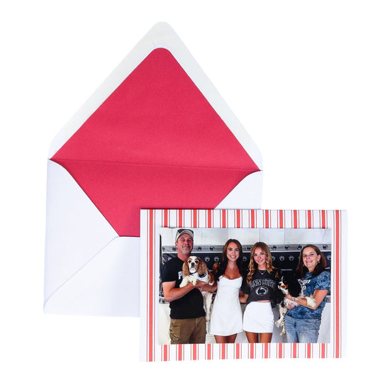 CUSTOM Embossed Red French Ticking Christmas Photo Card Set