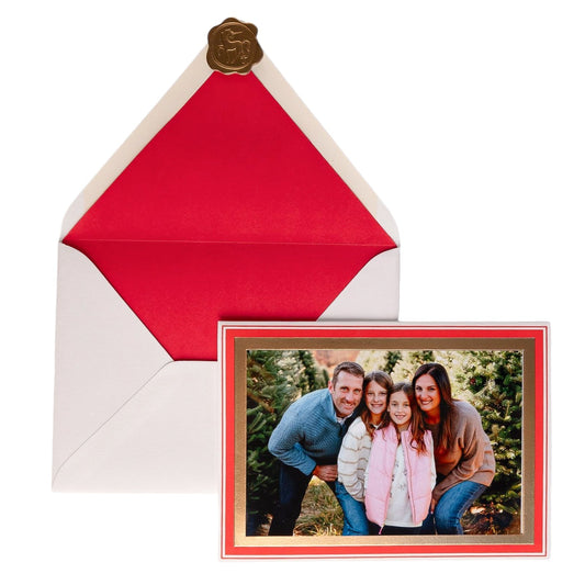 CUSTOM Embossed Red and Gold Foil Boarder Holiday Photo Card Set