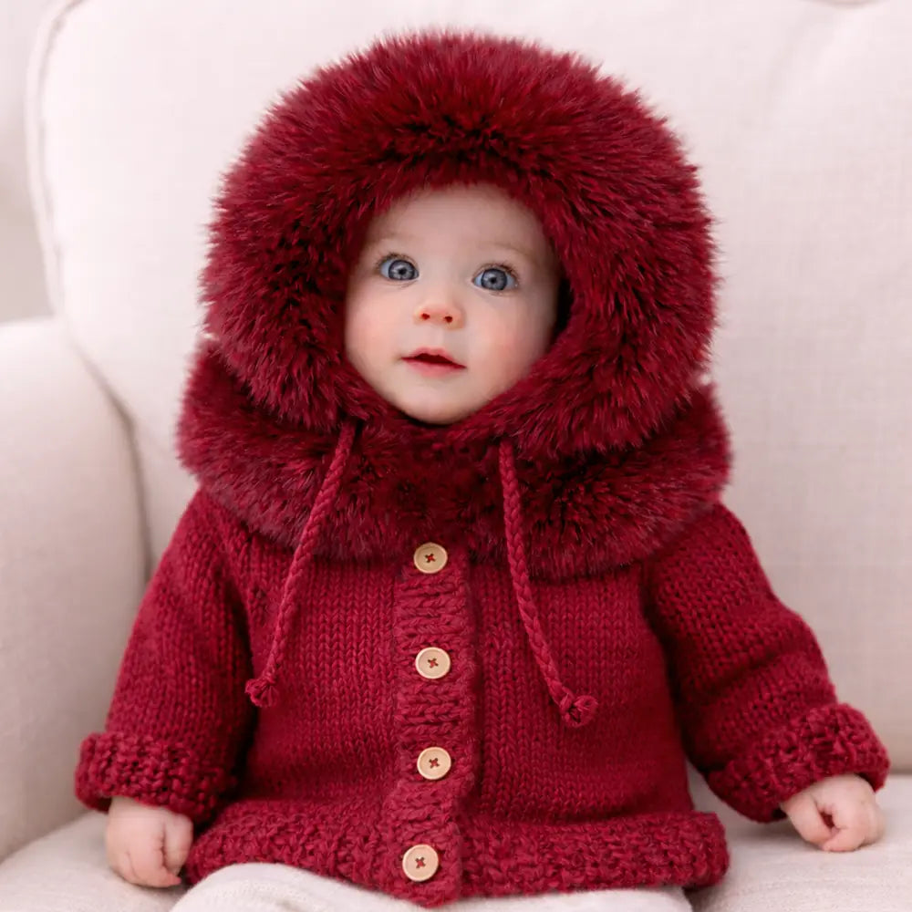 Fur Collar Crimson Cardigan Sweater for Baby & Toddler