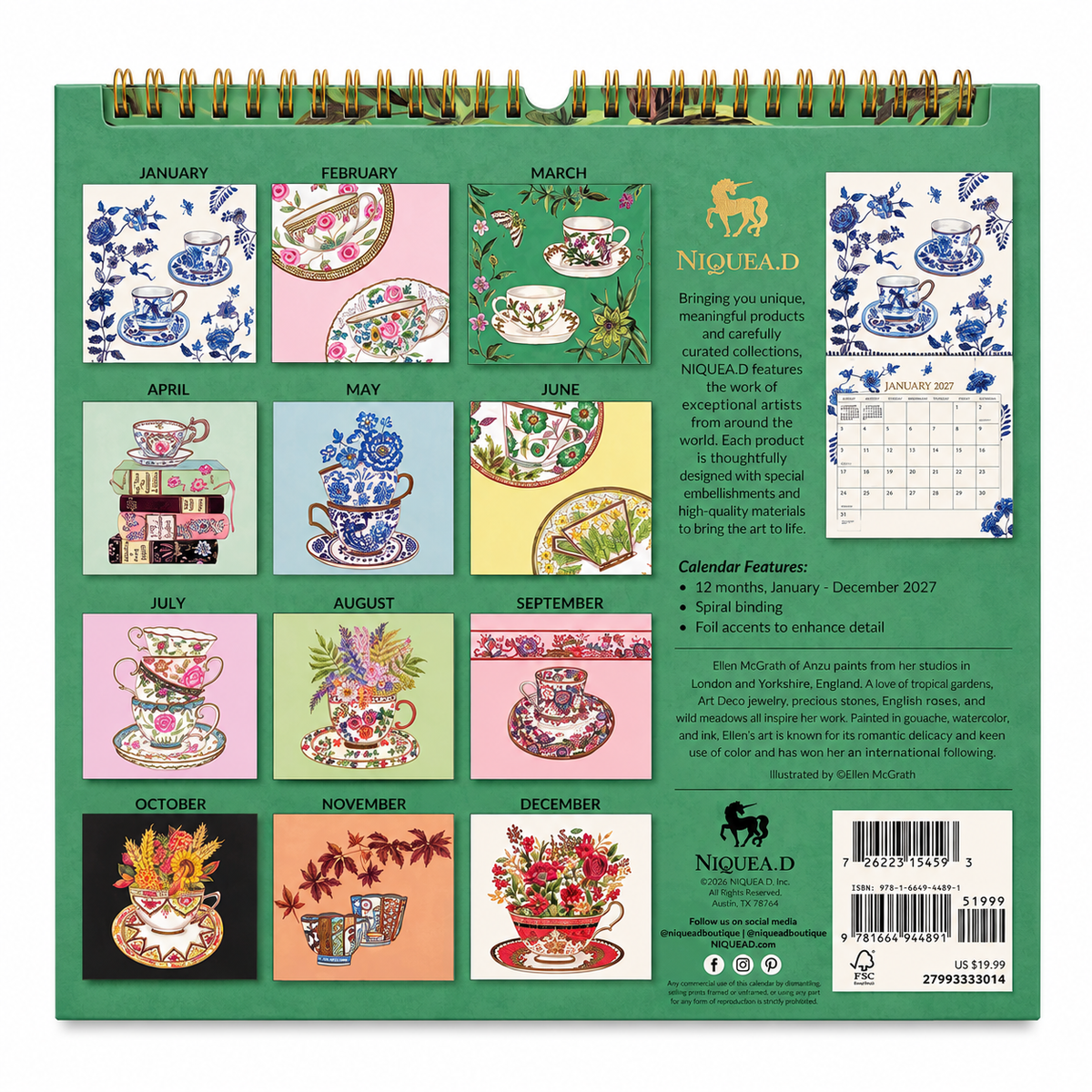 Tea Cups 2027 Spiral Wall Calendar