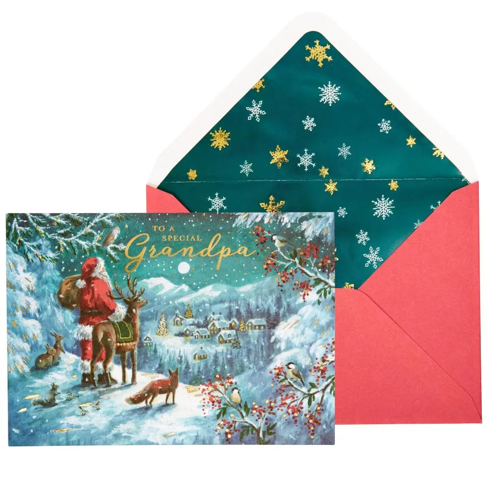 Santa & Reindeer Over Village Christmas Card