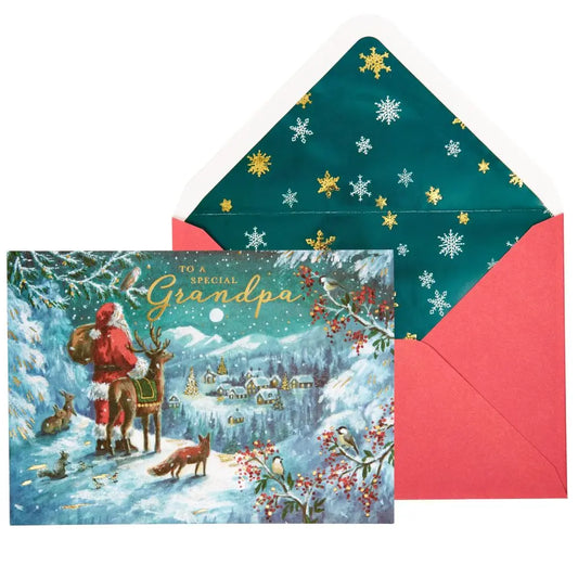 Santa & Reindeer Over Village Christmas Card