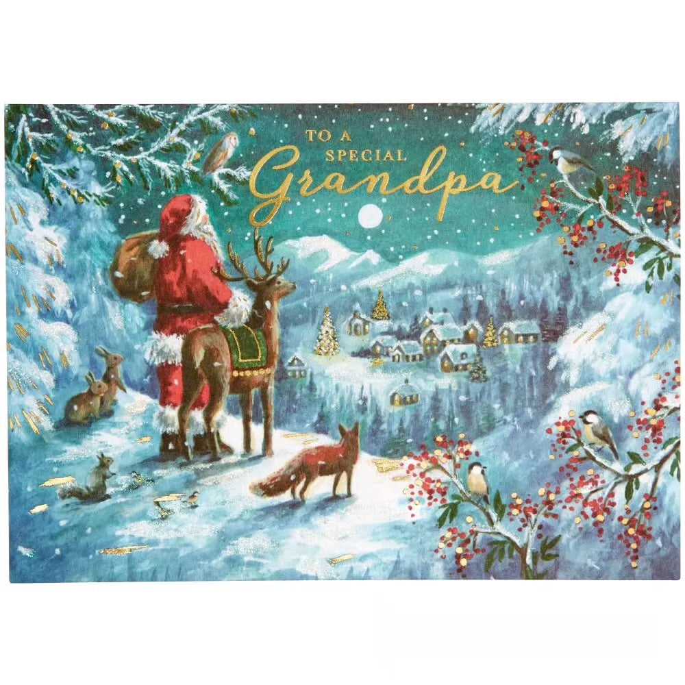Santa & Reindeer Over Village Christmas Card