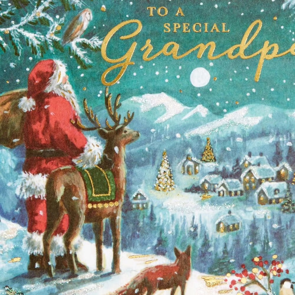 Santa & Reindeer Over Village Christmas Card