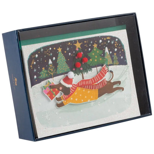 Running Dog With Gift 10Ct Boxed Christmas Cards