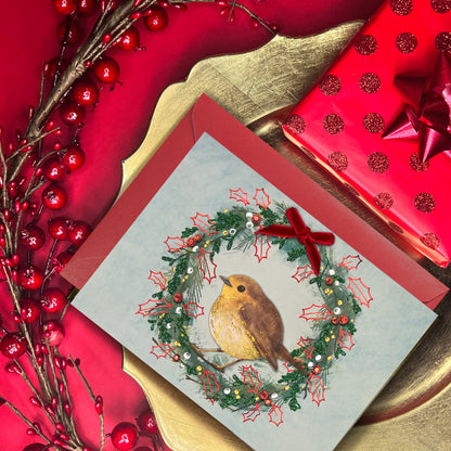 Robin On Wreath Christmas Card