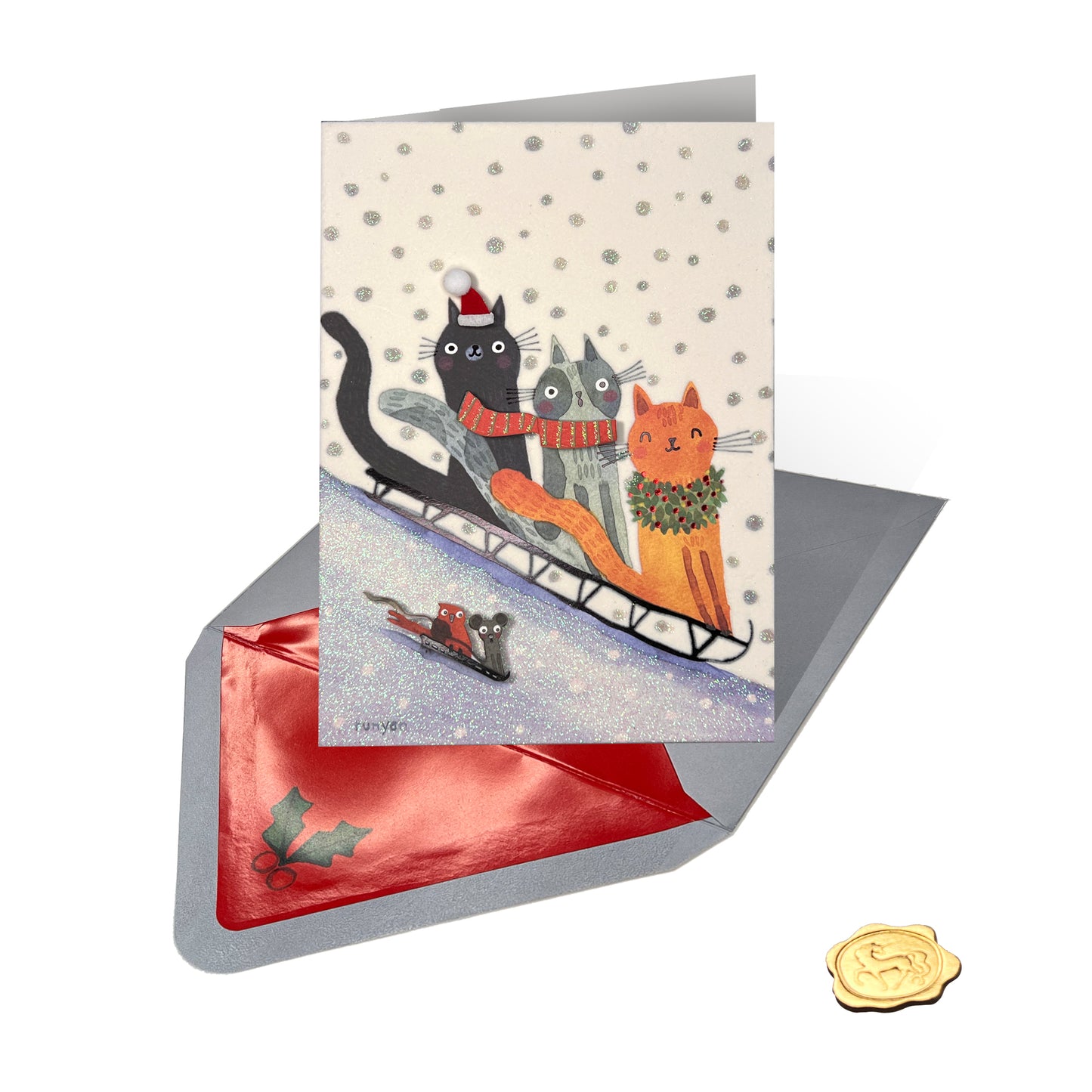 Sledding Cats Christmas Card