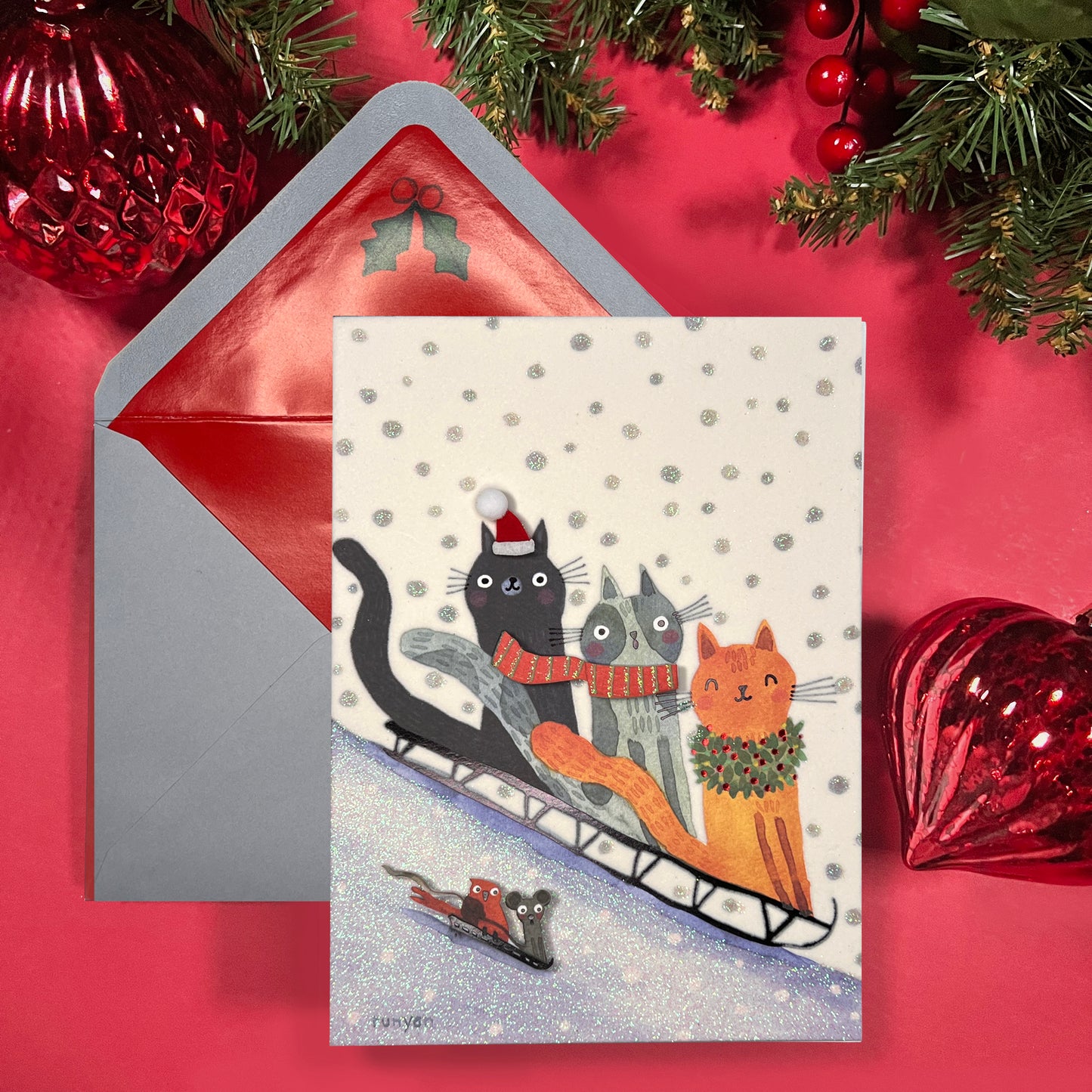 Sledding Cats Christmas Card
