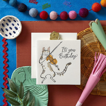 Fiddling Cat Birthday Card