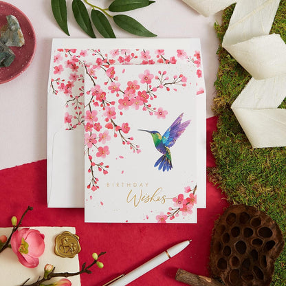 Hummingbird with Cherry Blossoms Birthday Card