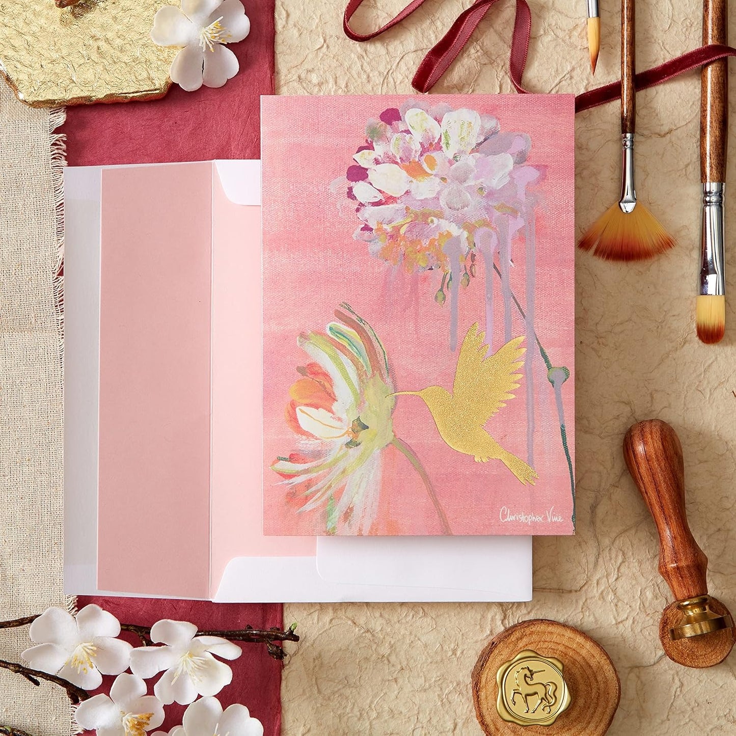 Two Flowers And Hummingbird Blank Card