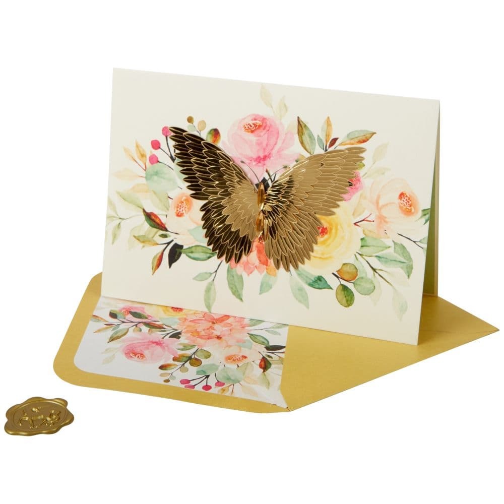 Gold Butterfly on Flowers Blank Card