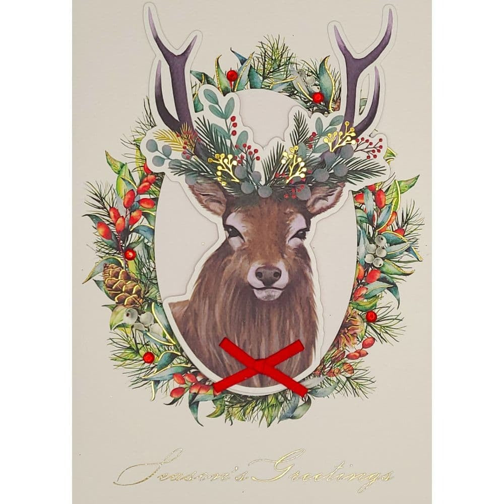 Deer With Foliage Wreath Christmas Card