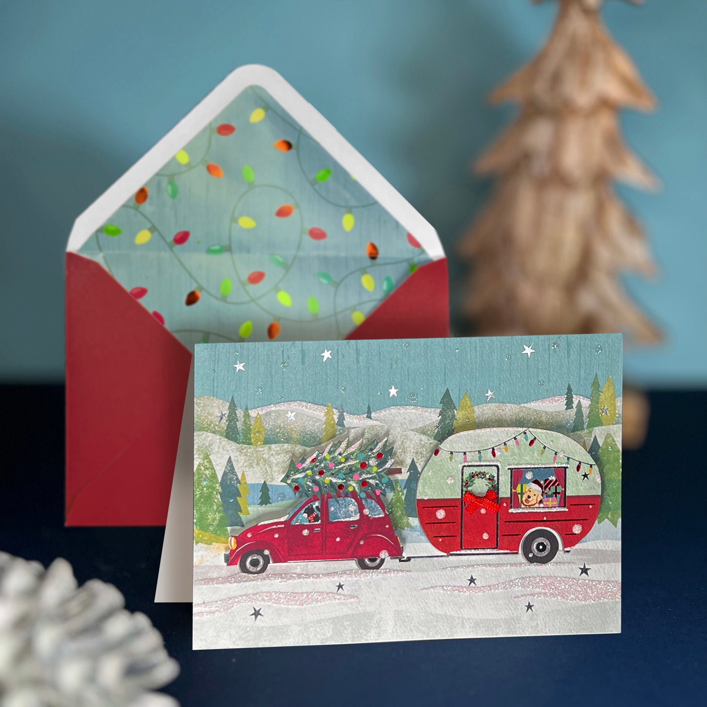 Camper with Dog and Cat Christmas Card