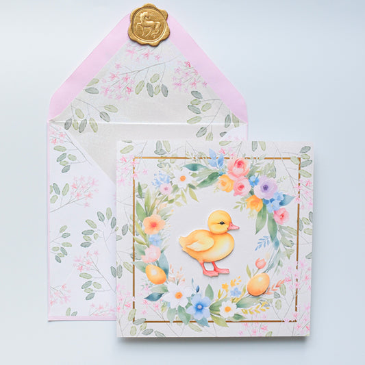 Handmade Wreath and Baby Duck Easter Card