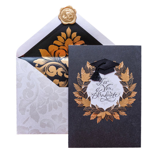 Black and Gold Wreath with Mortar Board Graduation Card