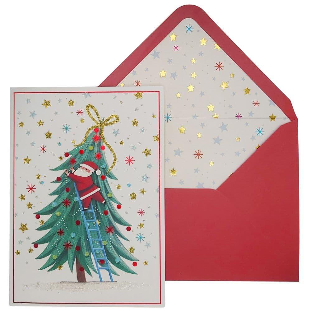 Santa on Ladder with Tree 8 Count Boxed Christmas Card