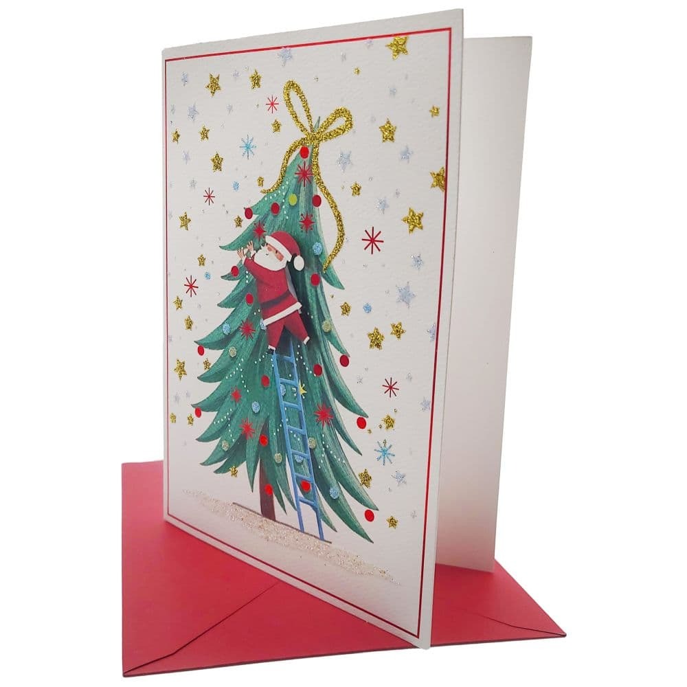 Santa on Ladder with Tree 8 Count Boxed Christmas Card