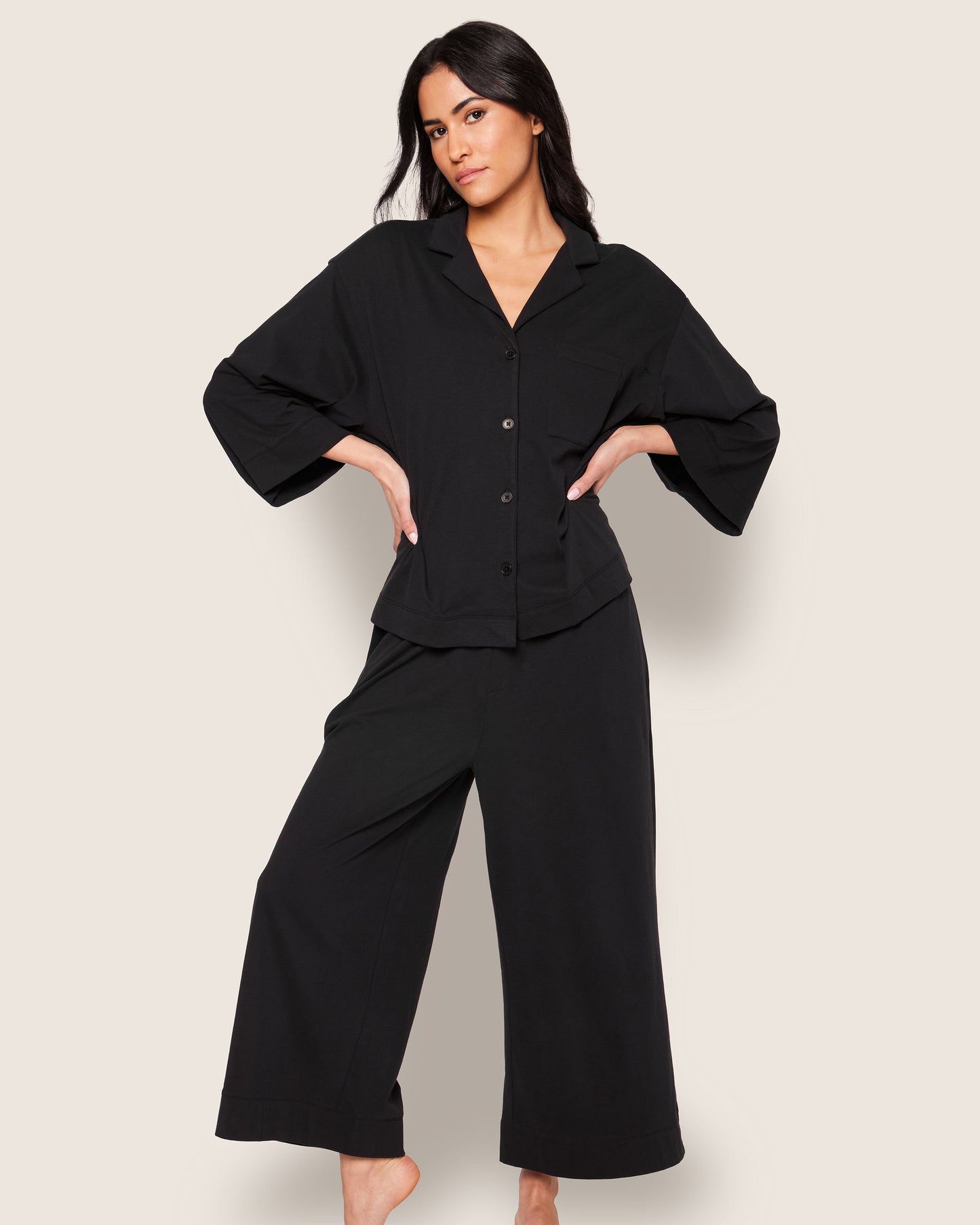 Women's Olivia Wide Leg pima Pajama Set in Black