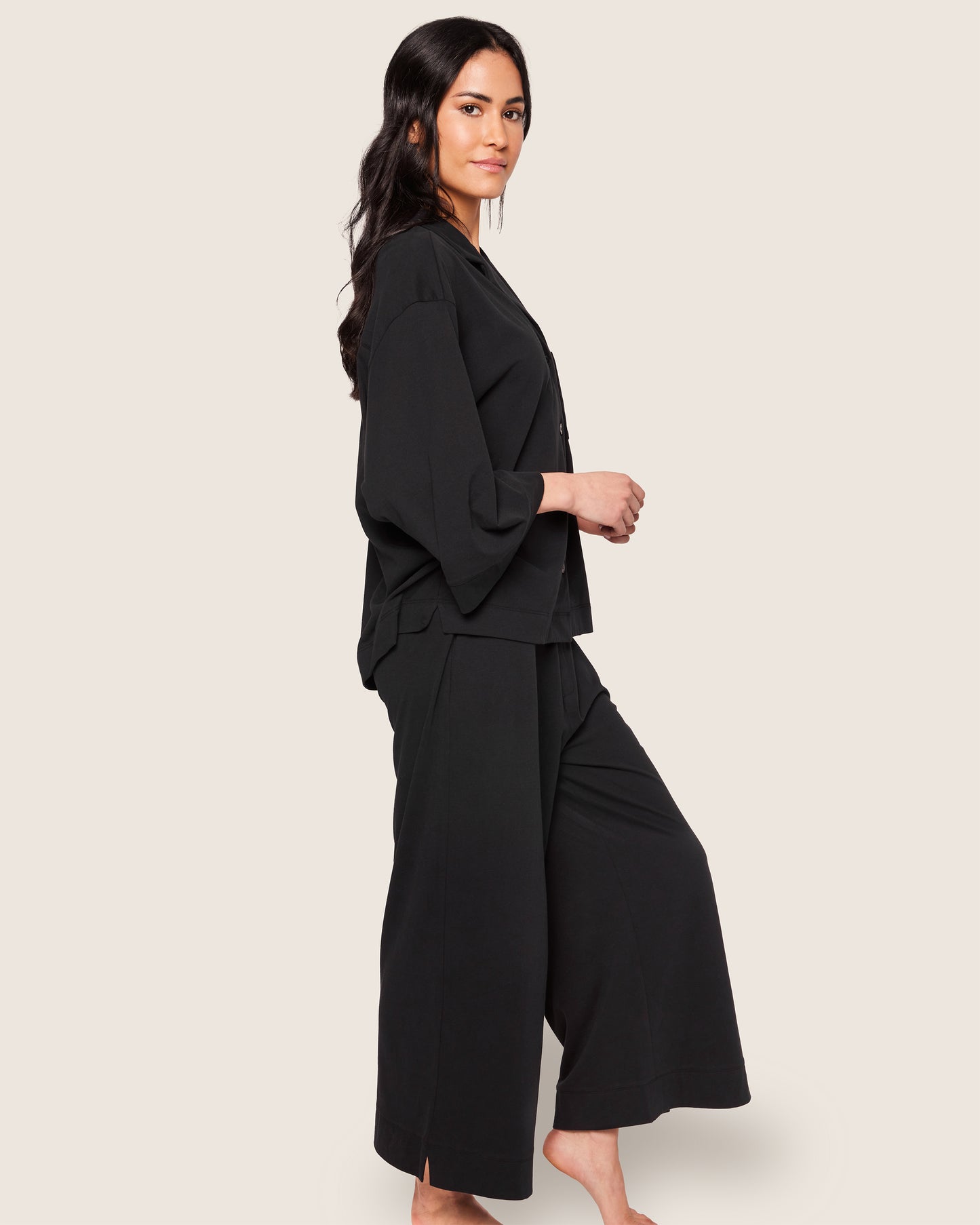 Women's Olivia Wide Leg pima Pajama Set in Black