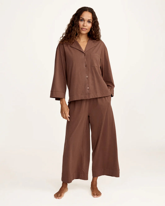 Olivia Wide Leg Pima Pajama Set in Chocolate Brown
