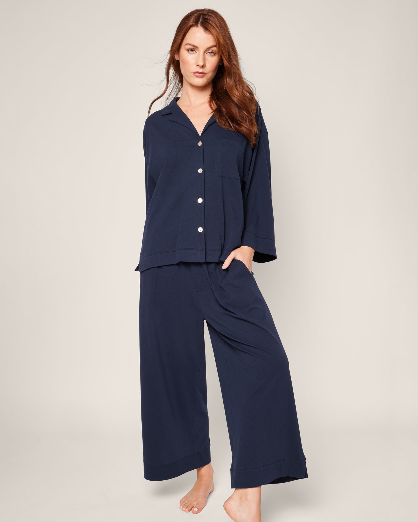 Women's Olivia Wide Leg Pima Pajama Set in Navy