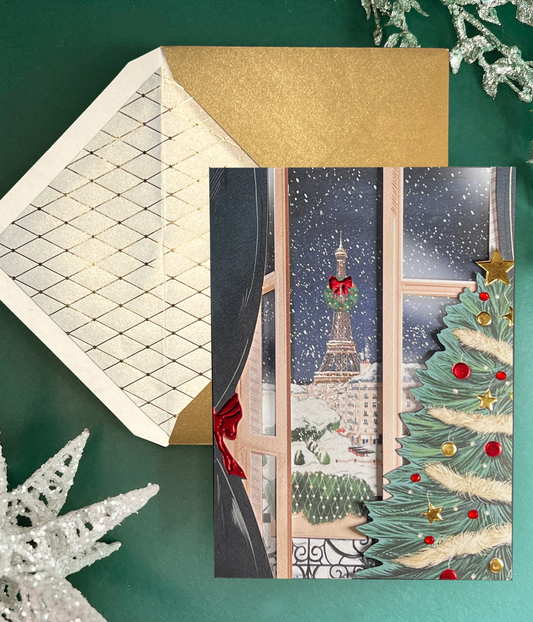Paris Scene Through French Doors Christmas Card