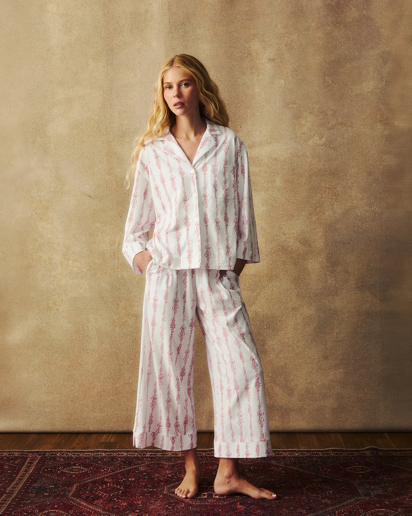 Olivia Wide Leg Pima Pajama Set in Pink Mayfair Toile