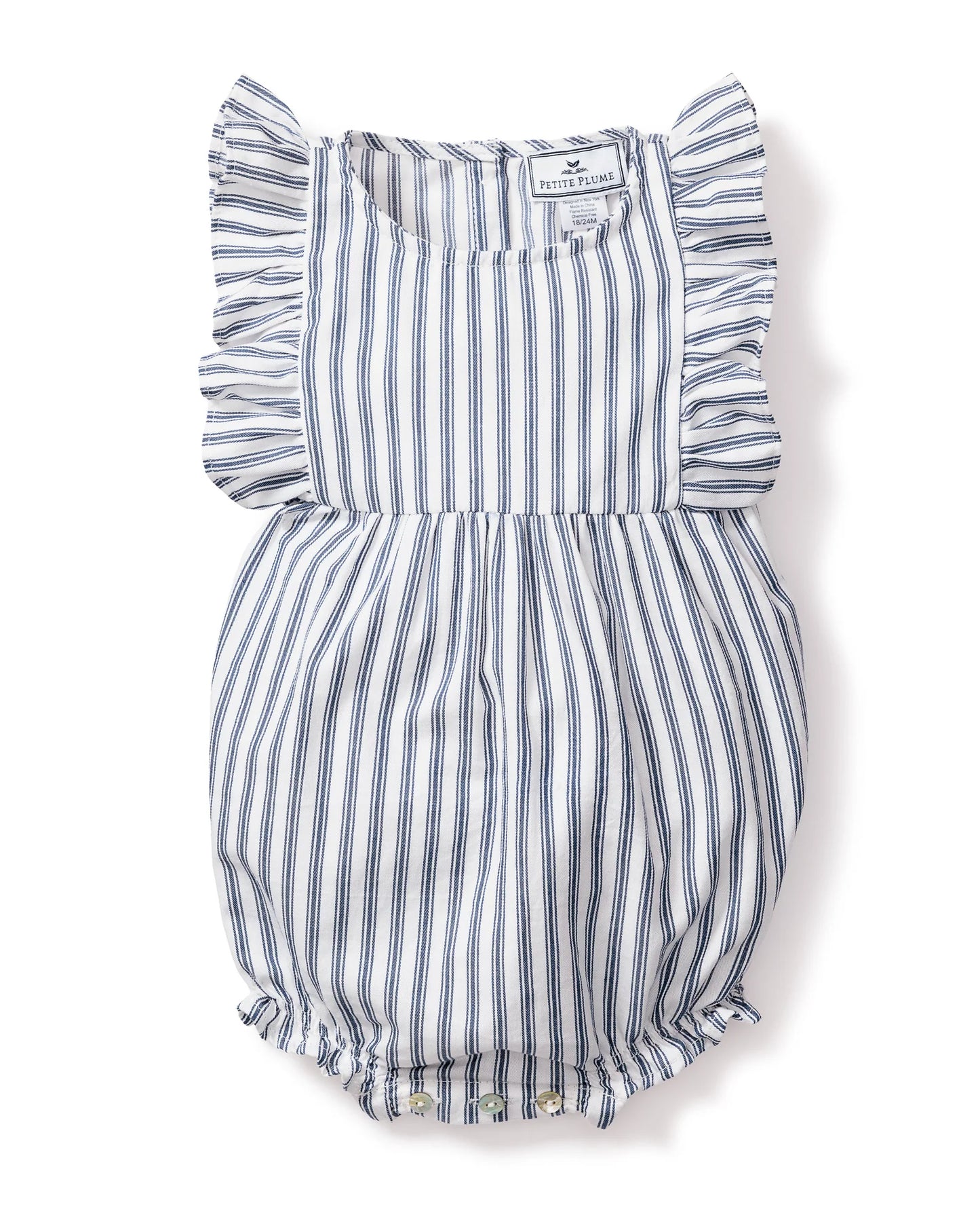 Baby's Twill Ruffled Romper in Navy French Ticking