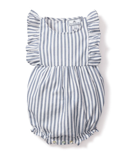 Baby's Twill Ruffled Romper in Navy French Ticking