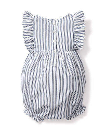 Baby's Twill Ruffled Romper in Navy French Ticking