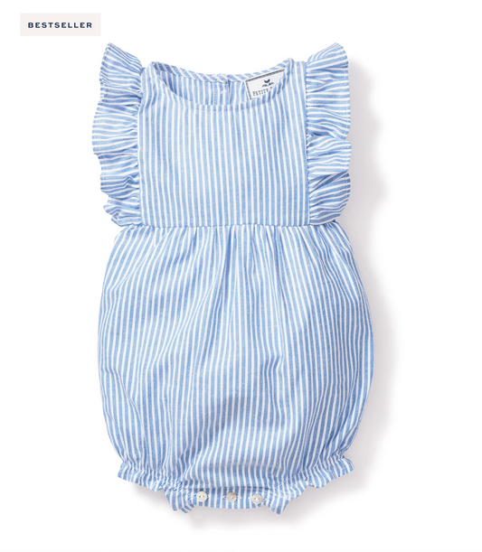 Baby's Twill Ruffled Romper in French Blue Seersucker