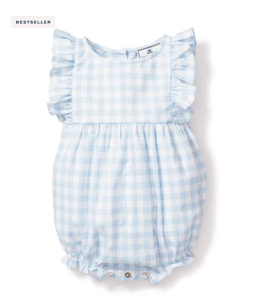 Baby's Twill Ruffled Romper in Light Blue Gingham