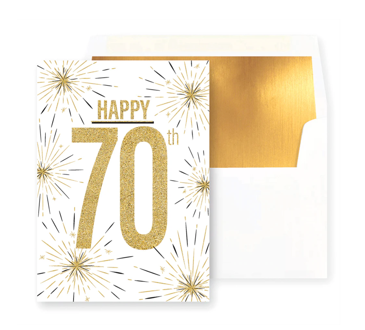 Happy 70th Black and Gold Bursts Birthday Card