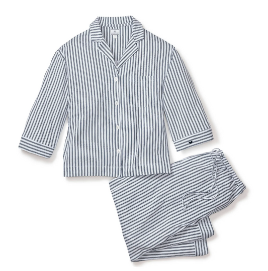 The Olivia Wide Leg Pima Pajama Set in Navy French Ticking