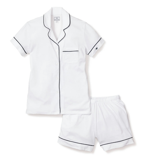 Women's Pima Short Sleeve Short Set in White with Navy Piping