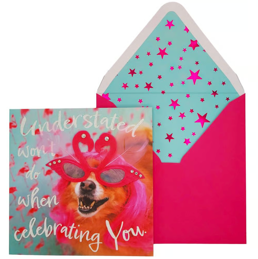 Dog in Flamingo Glasses Birthday Card
