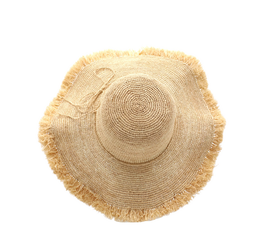 Meghan 5" Brim Crochet Straw Sun Hats with Raw Fringe Edge