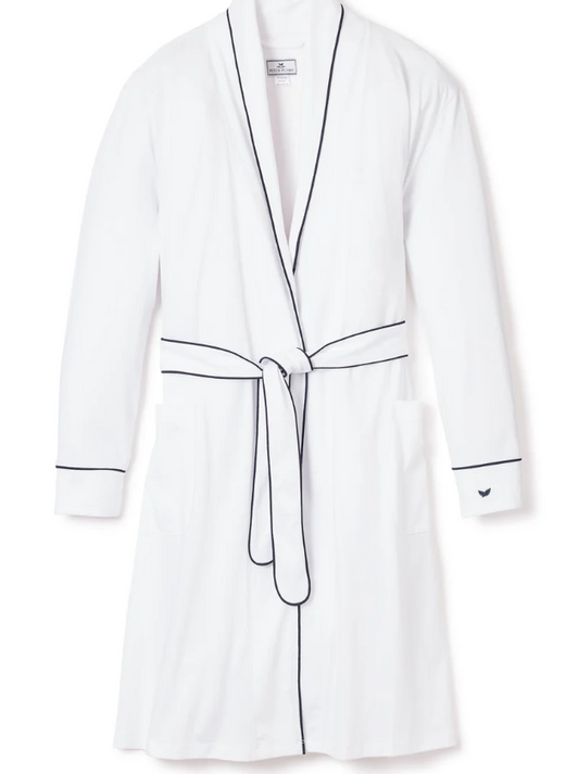 Women's Pima Robe in White with Navy Piping