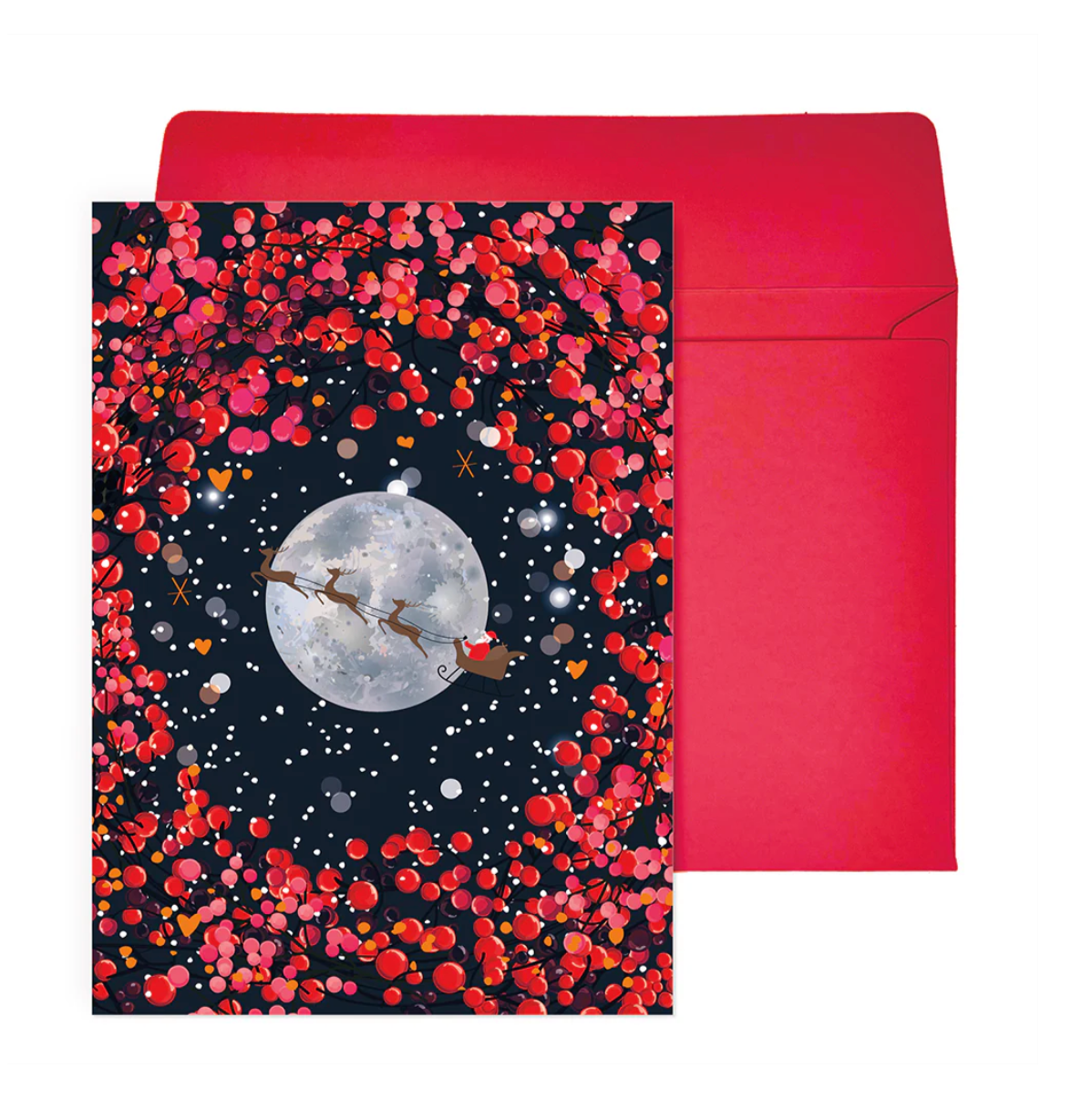 Santa and Reindeer in Moon Christmas Card