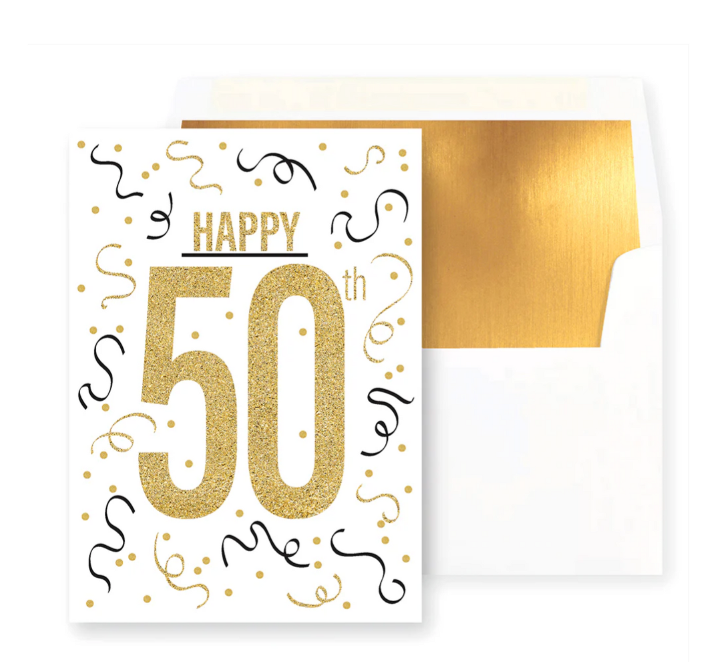 Happy 50th Black and Gold Streamers Birthday Card