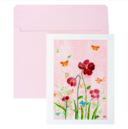 Quilled Pink Flowers Butterfly Blank Card