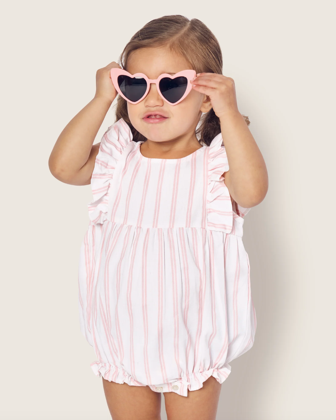 Baby's Twill Stripe Ruffled Romper in Pink and White Stripe