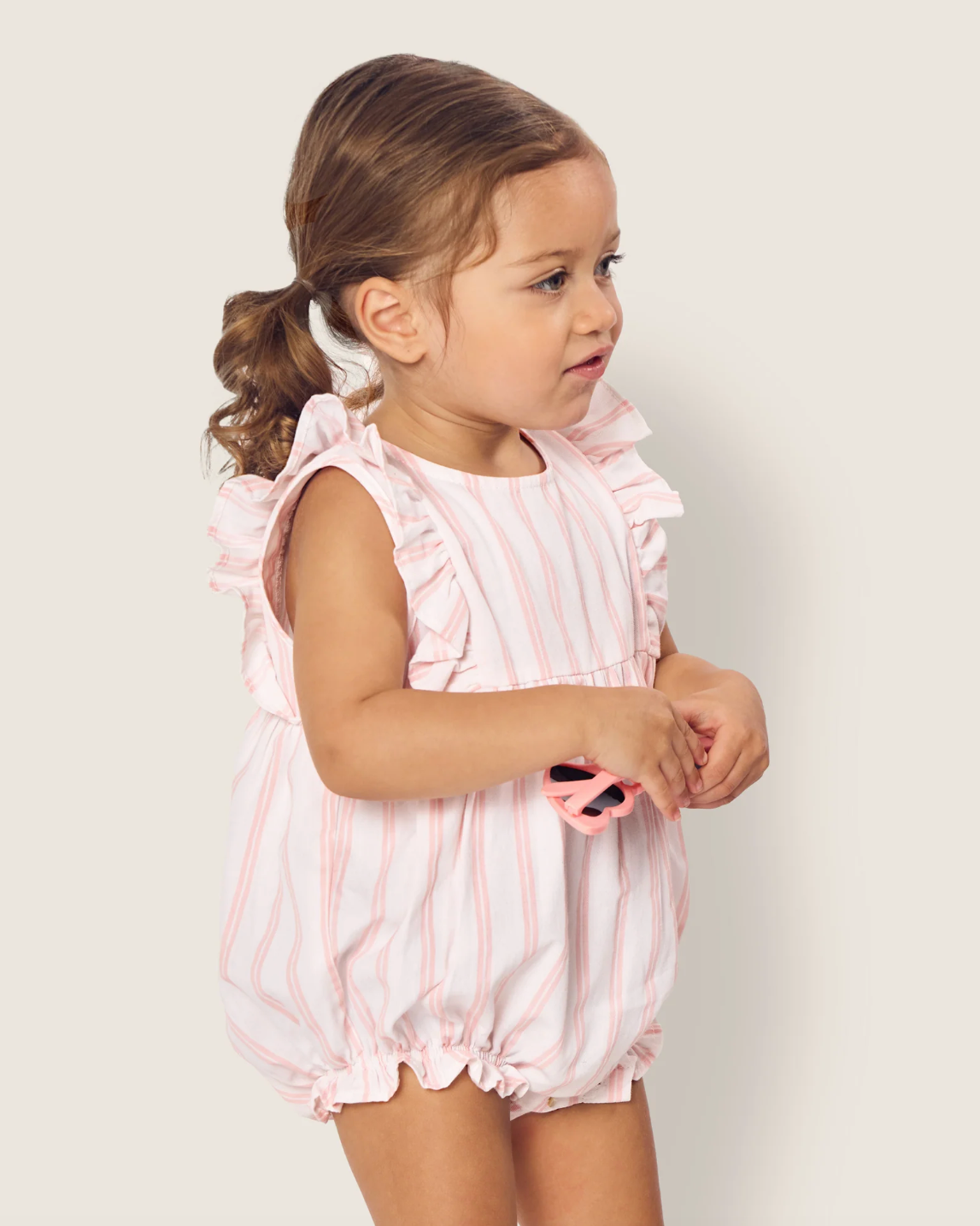 Baby's Twill Stripe Ruffled Romper in Pink and White Stripe