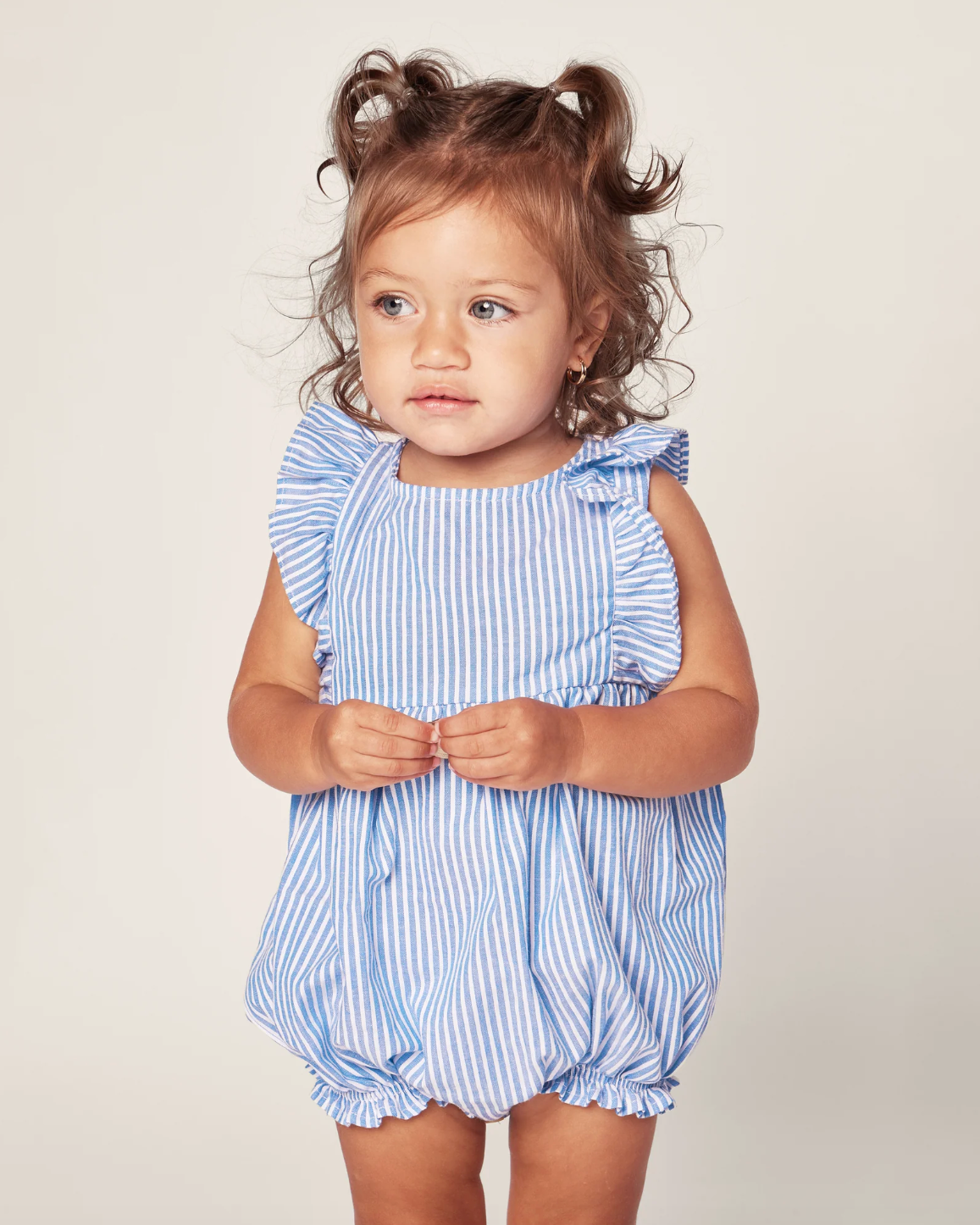 Baby's Twill Ruffled Romper in French Blue Seersucker
