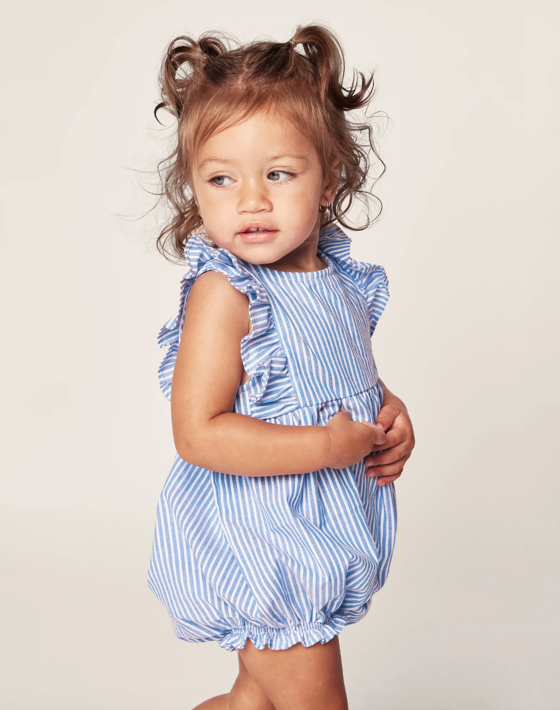 Baby's Twill Ruffled Romper in French Blue Seersucker