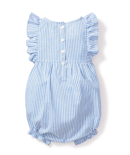 Baby's Twill Ruffled Romper in French Blue Seersucker